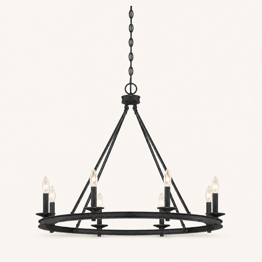 Front | dark Classic Bronze 8-light wagon-wheel chandelier with chain, canopy, four braces, and open ring