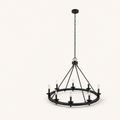 Side studio view | open circular chandelier showing two ring rails, brace depth, canopy, and chain