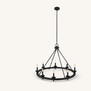 Side studio view | open circular chandelier showing two ring rails, brace depth, canopy, and chain
