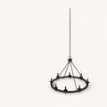 Three-quarter studio view | 8-light open wagon-wheel chandelier showing ring depth, braces, canopy, and chain