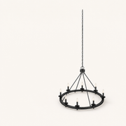 Three-quarter studio view | 8-light open wagon-wheel chandelier showing ring depth, braces, canopy, and chain