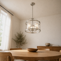 Angle | brushed nickel lantern chandelier from a second low corner angle over the dining table