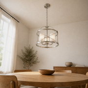 Angle | brushed nickel lantern chandelier from a second low corner angle over the dining table