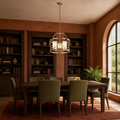 In a room | brushed nickel lantern chandelier in a terracotta library dining room