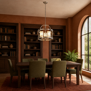 In a room | brushed nickel lantern chandelier in a terracotta library dining room