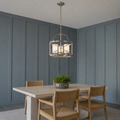 In a room | brushed nickel lantern chandelier in a cool blue-gray sunroom