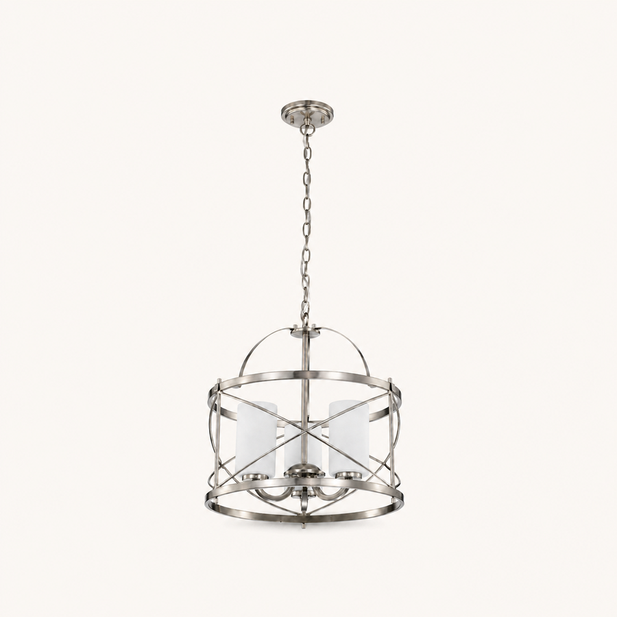 Front | brushed nickel three-light lantern chandelier on a clean studio background