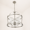 Side | brushed nickel lantern chandelier from a low underside studio angle