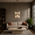 In a room | marnau Tibidy 6-Light Lantern Chandelier over a smoked-oak living-room coffee table