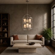 In a room | marnau Tibidy 6-Light Lantern Chandelier over a smoked-oak living-room coffee table