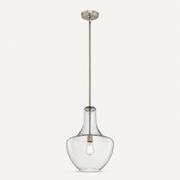 Studio front | clear seeded glass teardrop shade with brushed nickel rod and visible bulb