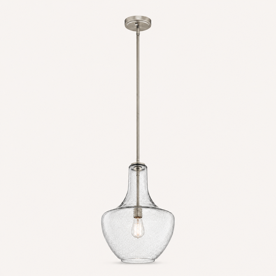 Studio front | clear seeded glass teardrop shade with brushed nickel rod and visible bulb