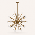Front | studio front of the warm brass 24-light sphere chandelier with clear crystal accents