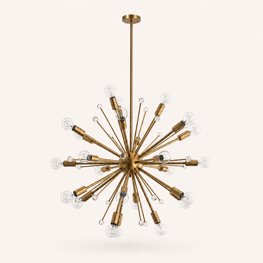 Front | studio front of the warm brass 24-light sphere chandelier with clear crystal accents
