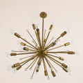 Side | worm's-eye studio view showing the chandelier underside, socket cups, crystal spheres, downrod, and canopy