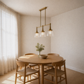 Angle | the same three-light pendant from three quarters in the dining room