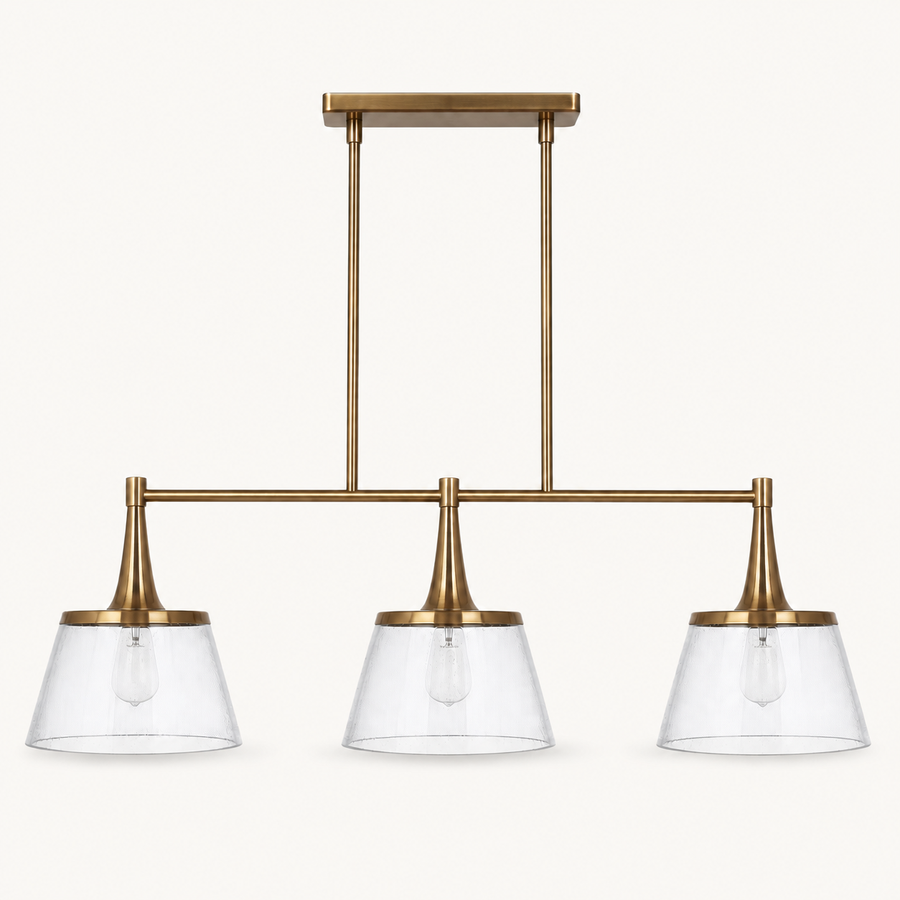 Front | studio front of the brass bar, two rods, and three seeded-glass cone shades