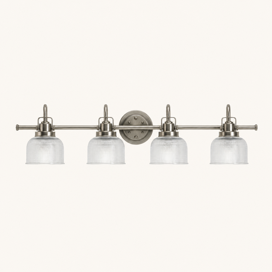 Front | front studio view of antique-nickel 4-light vanity with four prismatic glass shades