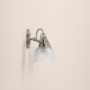 Side | left profile of antique-nickel vanity showing the wall backplate and four receding prismatic glass shades