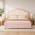 Airy room | Bright bedroom view with the upholstered bed, flower-shaped headboard, bedding, and integrated storage base