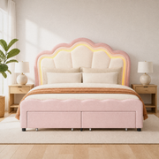 Airy room | Bright bedroom view with the upholstered bed, flower-shaped headboard, bedding, and integrated storage base