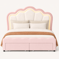 Detail | Close view of the soft velvet upholstery, petal-shaped headboard panels, and warm LED edge