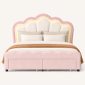 Front | Straight-on studio view of the pink-and-beige velvet bed with adjustable flower-shaped headboard and drawers