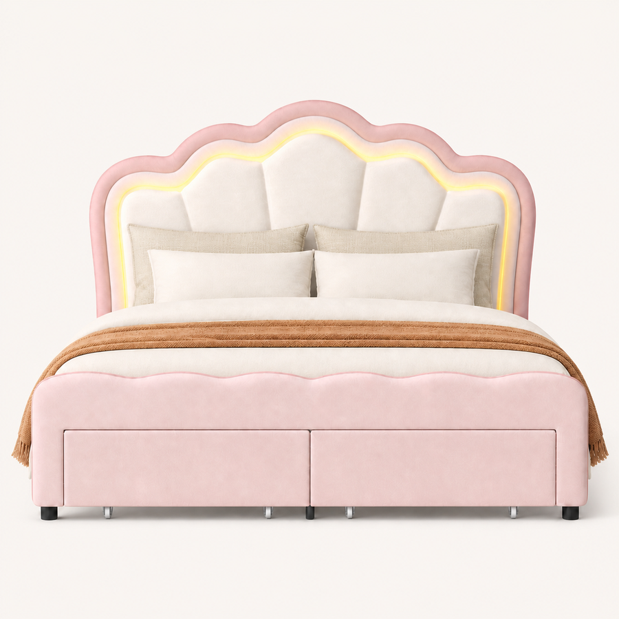 Front | Straight-on studio view of the pink-and-beige velvet bed with adjustable flower-shaped headboard and drawers