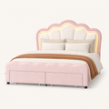 Studio | Three-quarter studio view highlighting the upholstered platform frame, LED headboard, and storage base