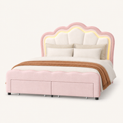 Studio | Three-quarter studio view highlighting the upholstered platform frame, LED headboard, and storage base