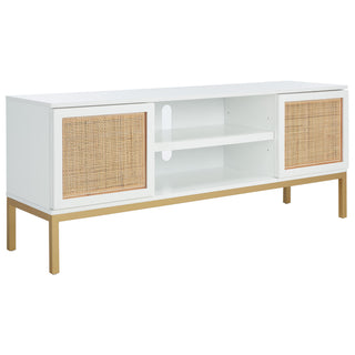 Media Console, 54 in Wide, White/Natural Finish with Rattan Cabinet Fronts