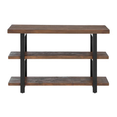 Media Console, Solid Wood, 48 Inch, Natural Top, Matte Black Metal Frame