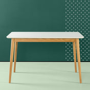 Mid Century Dining Table, White Gloss Top, Brown Solid Wood Four Leg Base