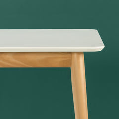 Mid Century Dining Table, White Gloss Top, Brown Solid Wood Four Leg Base
