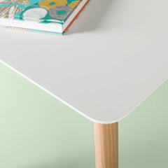Mid Century Dining Table, White Gloss Top, Brown Solid Wood Four Leg Base