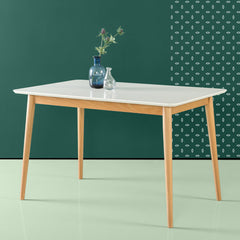 Mid Century Dining Table, White Gloss Top, Brown Solid Wood Four Leg Base