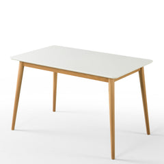 Mid Century Dining Table, White Gloss Top, Brown Solid Wood Four Leg Base