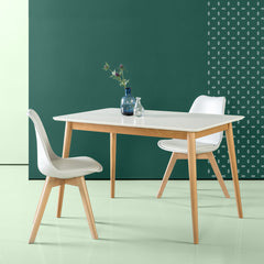 Mid Century Dining Table, White Gloss Top, Brown Solid Wood Four Leg Base