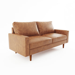 Mid-Century Loveseat with Square Arms, Brown Faux Leather