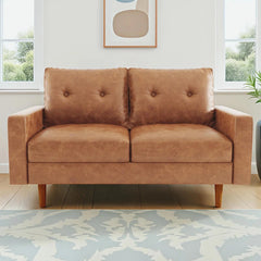 Mid-Century Loveseat with Square Arms, Brown Faux Leather