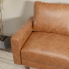 Mid-Century Loveseat with Square Arms, Brown Faux Leather