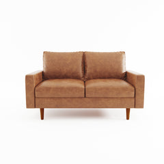 Mid-Century Loveseat with Square Arms, Brown Faux Leather