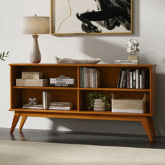 Mid Century Low Bookcase with 4 Open Shelves in Solid Wood