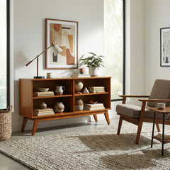 Mid Century Low Bookcase with 4 Open Shelves in Solid Wood