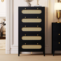 Mini Chest, 5 Drawers, Black MDF, Natural Woven Rattan Drawer Fronts