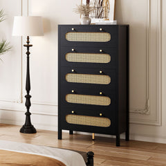Mini Chest, 5 Drawers, Black MDF, Natural Woven Rattan Drawer Fronts
