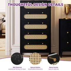 Mini Chest, 5 Drawers, Black MDF, Natural Woven Rattan Drawer Fronts