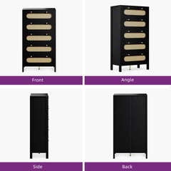 Mini Chest, 5 Drawers, Black MDF, Natural Woven Rattan Drawer Fronts
