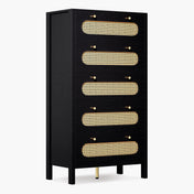 Mini Chest, 5 Drawers, Black MDF, Natural Woven Rattan Drawer Fronts