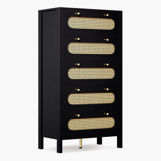 Mini Chest, 5 Drawers, Black MDF, Natural Woven Rattan Drawer Fronts